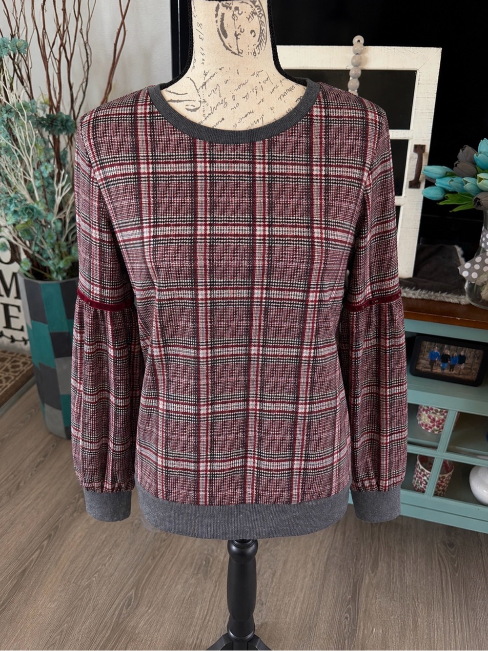 Hem & Thread Red Plaid Crewneck Top with Gray Trim Medium